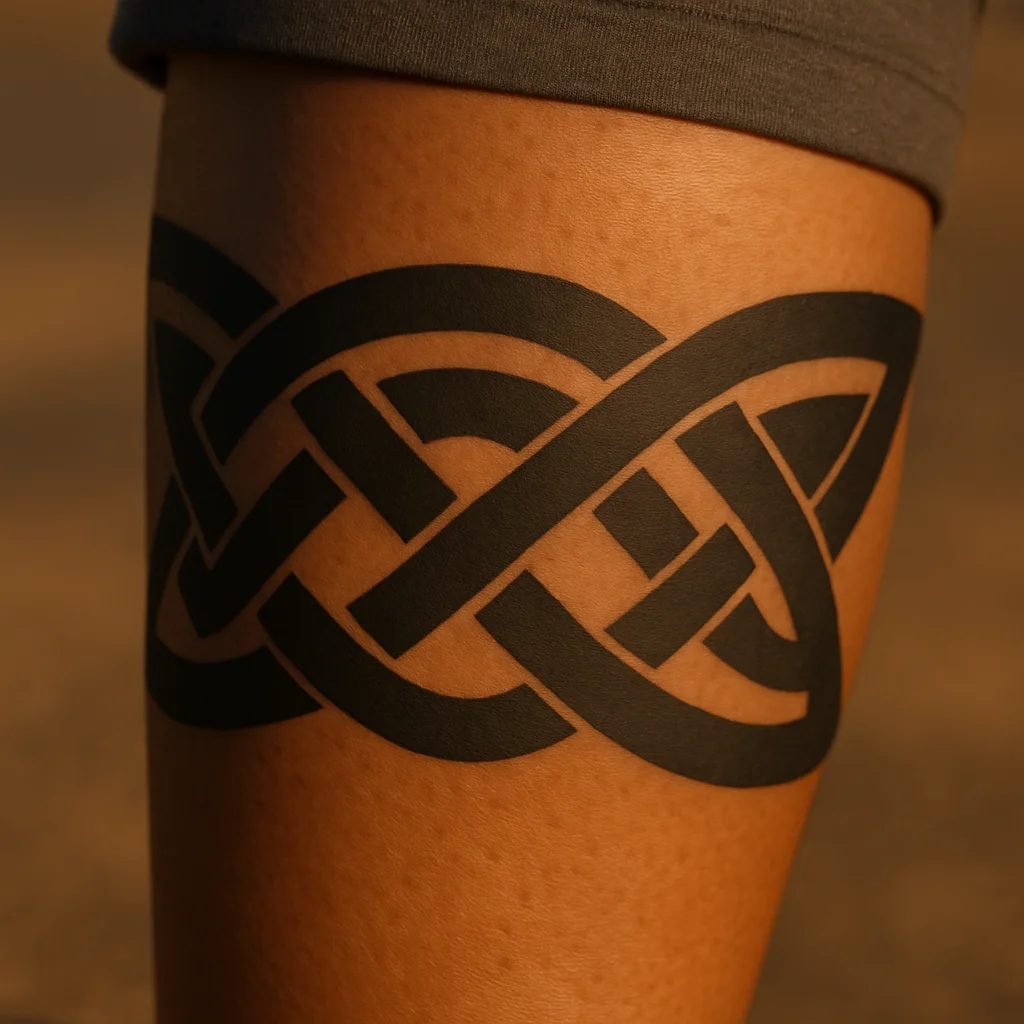 Celtic knotwork band tattoo wrapping a man's calf in bold blackwork