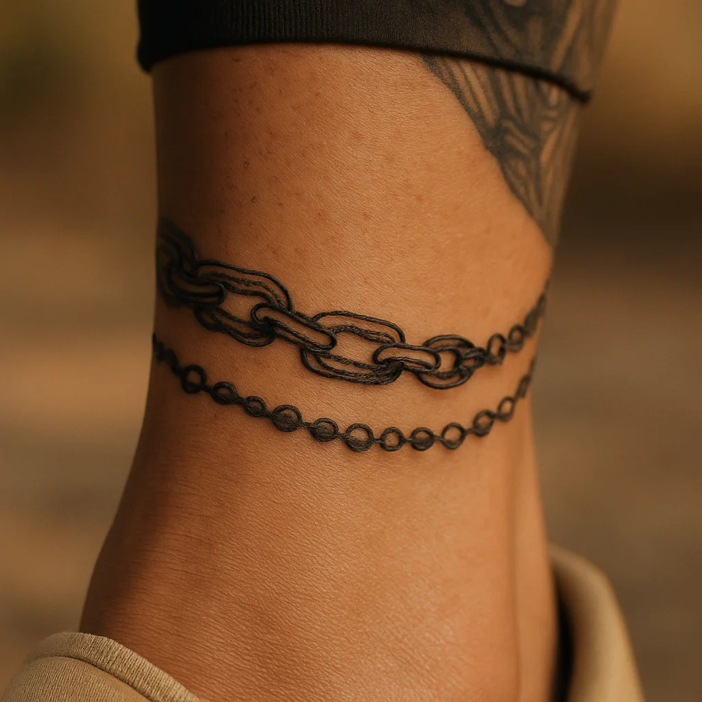 Chain and bead cuff wrapping just above the ankle bone to finish a leg sleeve