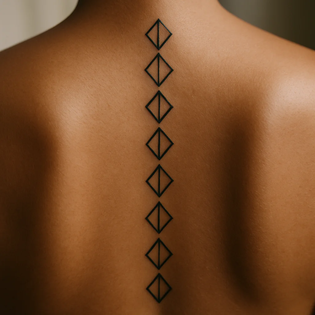 Chain of open geometric diamonds stacked point to point along the spine