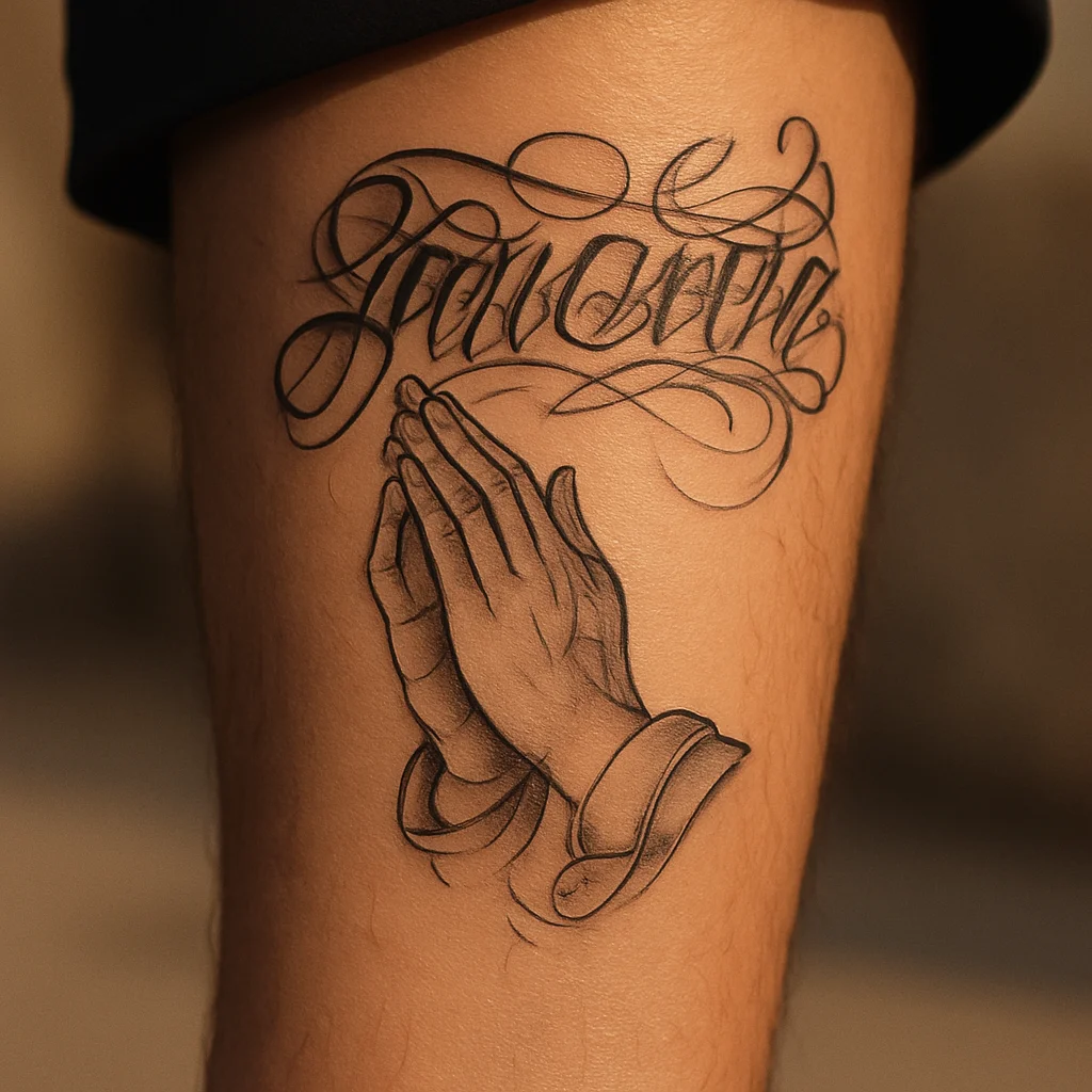 Chicano style black and grey script and praying hands running down the calf
