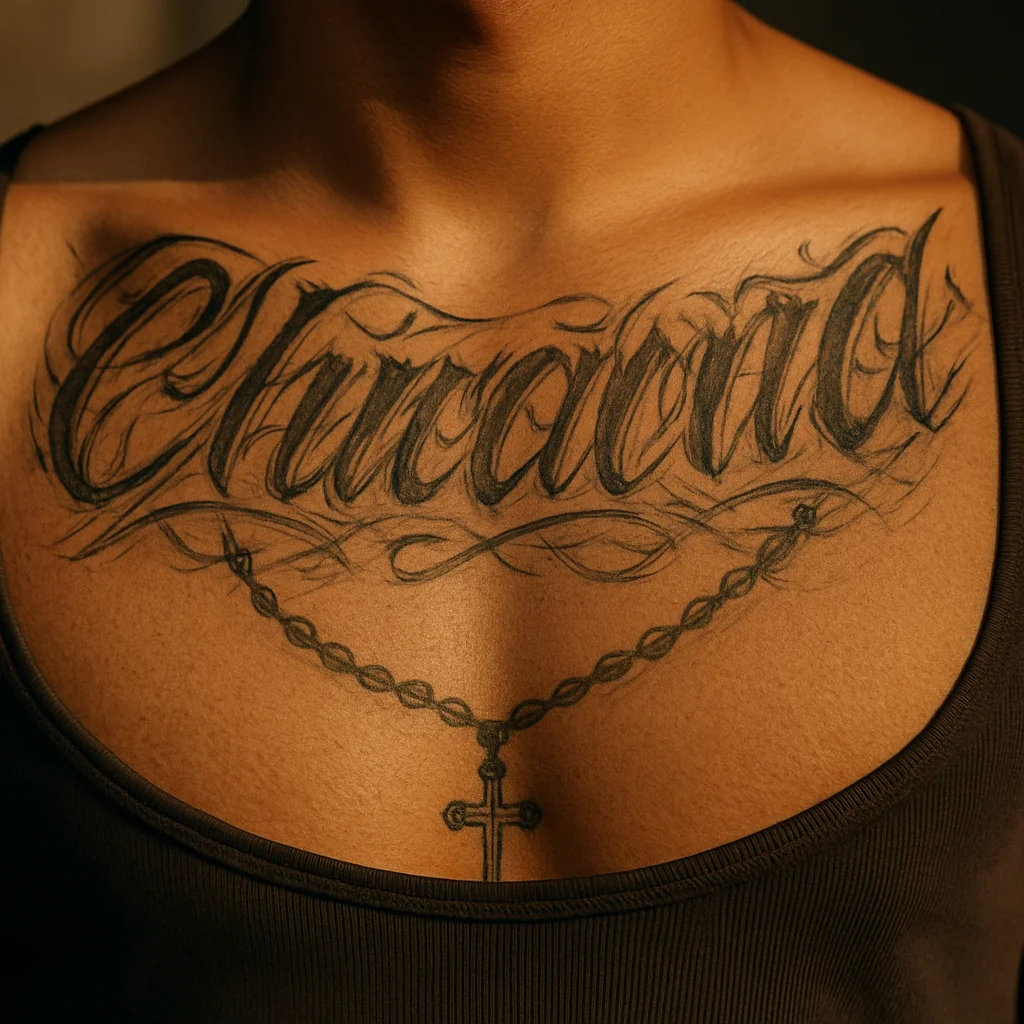 Chicano style lettering and rosary chest tattoo in soft black and grey