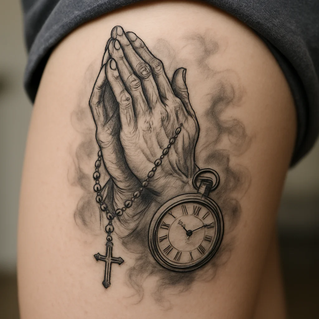 Chicano style praying hands, rosary and pocket watch tattoo on a man's front thigh