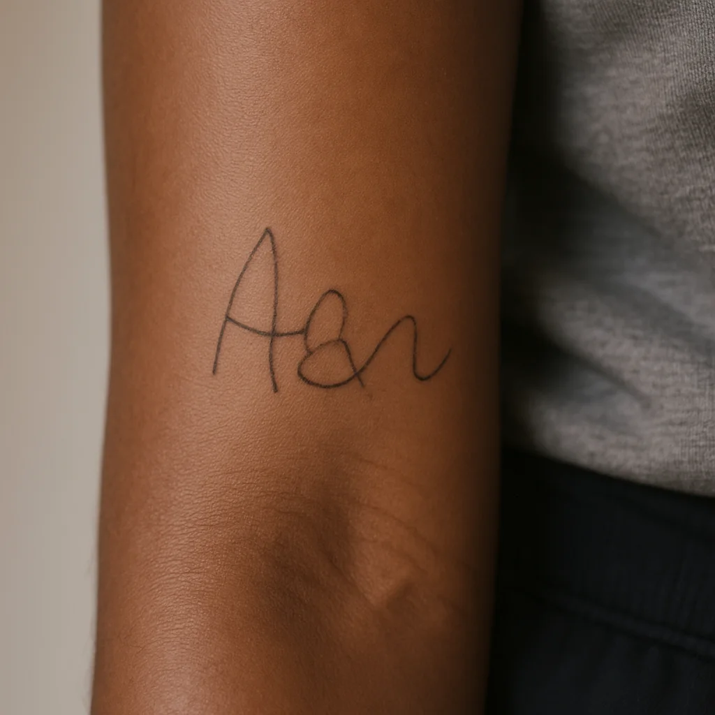 Child's handwritten signature tattooed in fine line on the inner forearm of a father