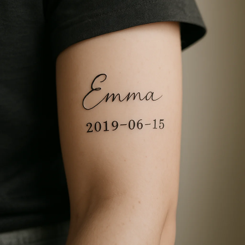 Child's name in script above a typewriter-style birthdate on the inner forearm
