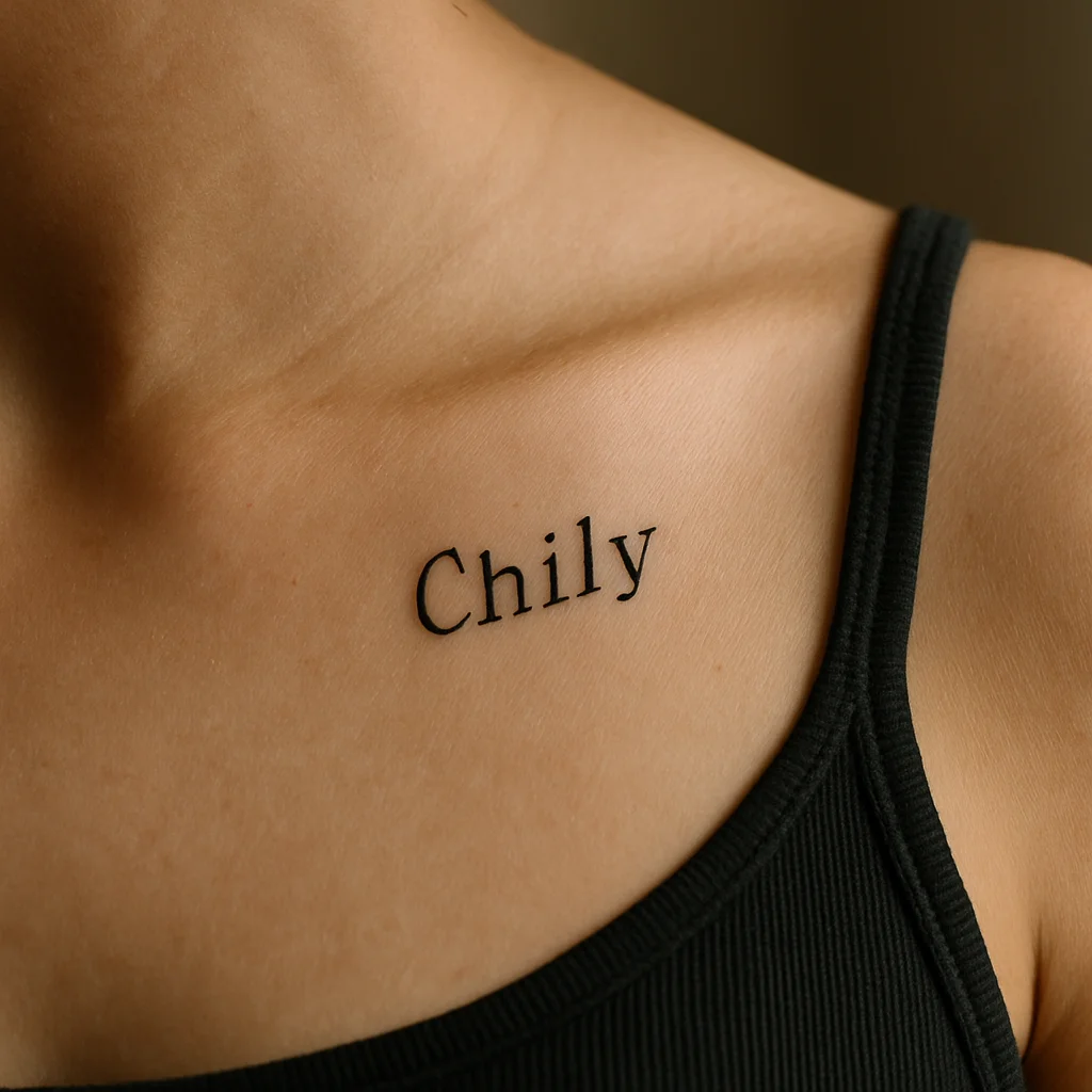Child's name in small serif lettering following the collarbone bone line