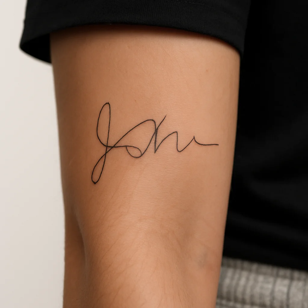 Child's traced handwriting signature tattooed in fine line on the outer forearm