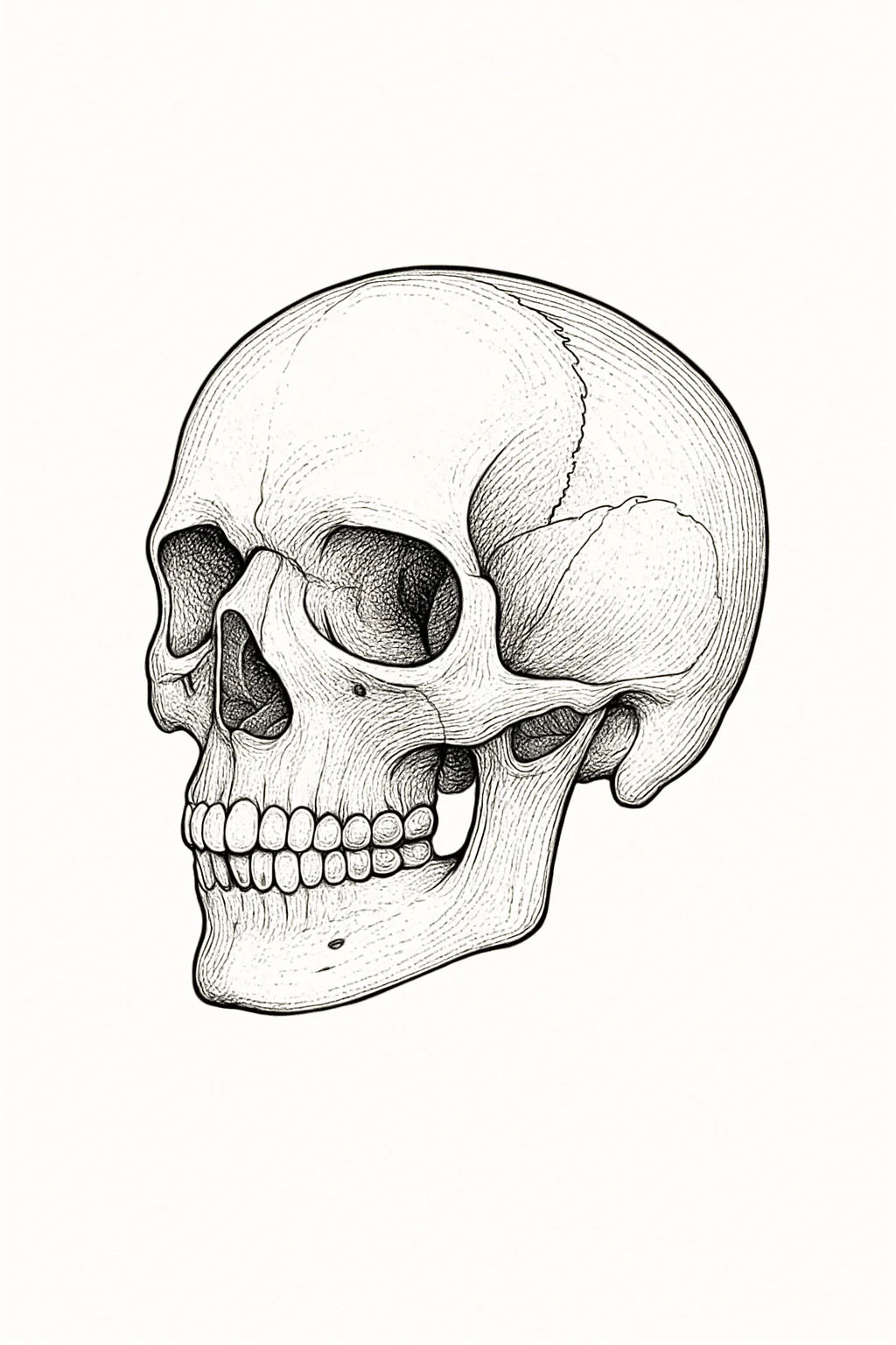 Classic anatomical skull tattoo design, black fine-line flash