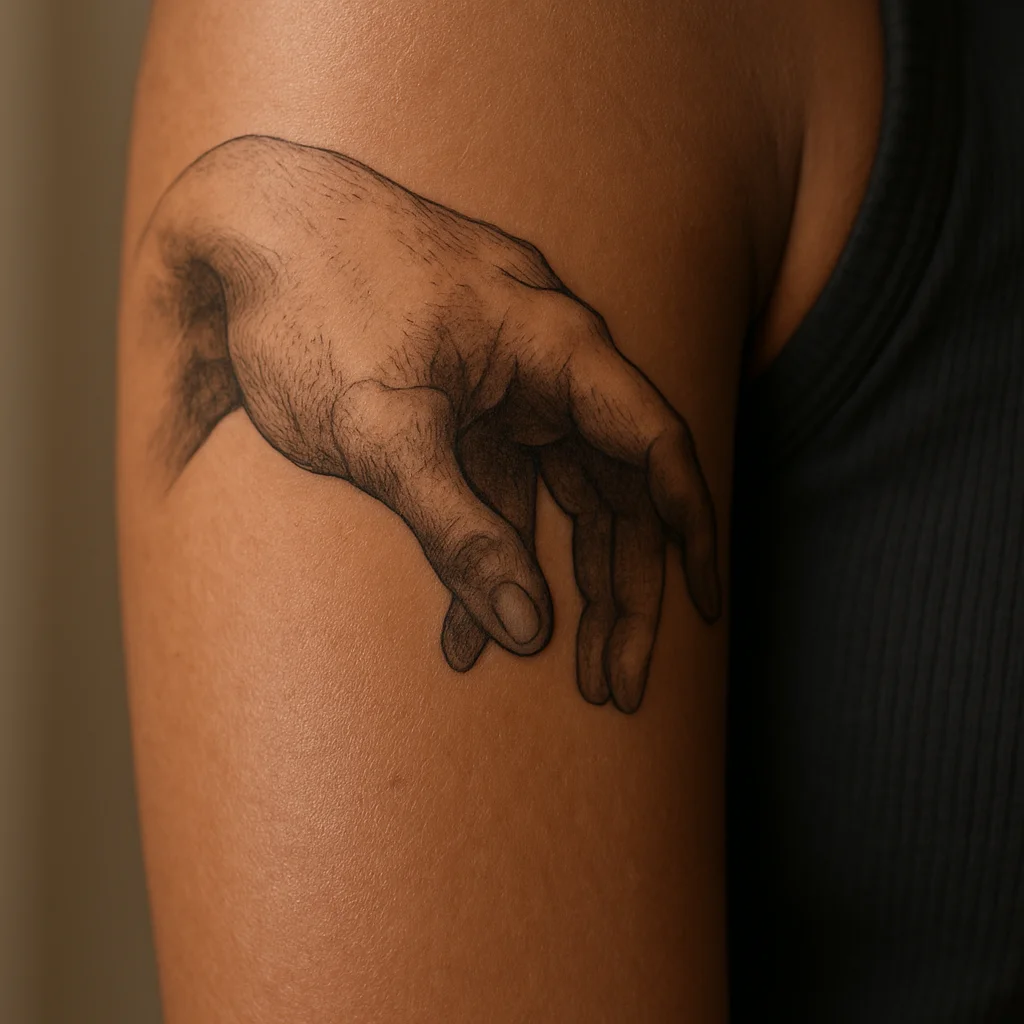 Classical marble statue hand tattoo in grey wash on a man's upper arm