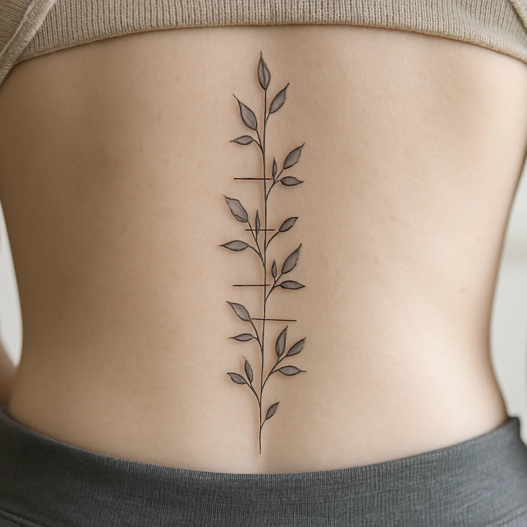 Climbing vine up the spine with Roman numeral birthdates as horizontal rungs