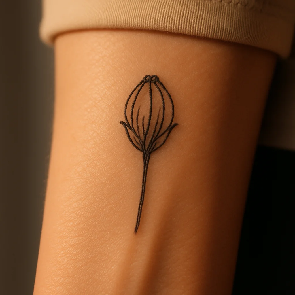 Closed marigold bud with overlapping sepals tattooed minimalist style on the side of the wrist