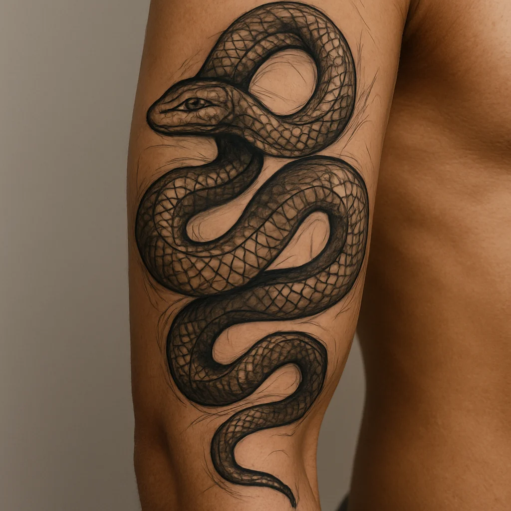Closed-mouth snake coiled around the arm, illustrative style with bold scale texture, shoulder to wrist