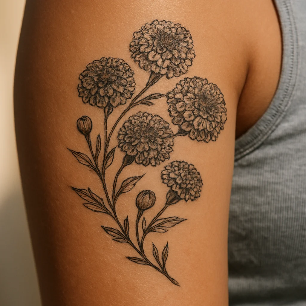 Cluster of marigolds at different bloom stages wrapping the upper arm in illustrative style