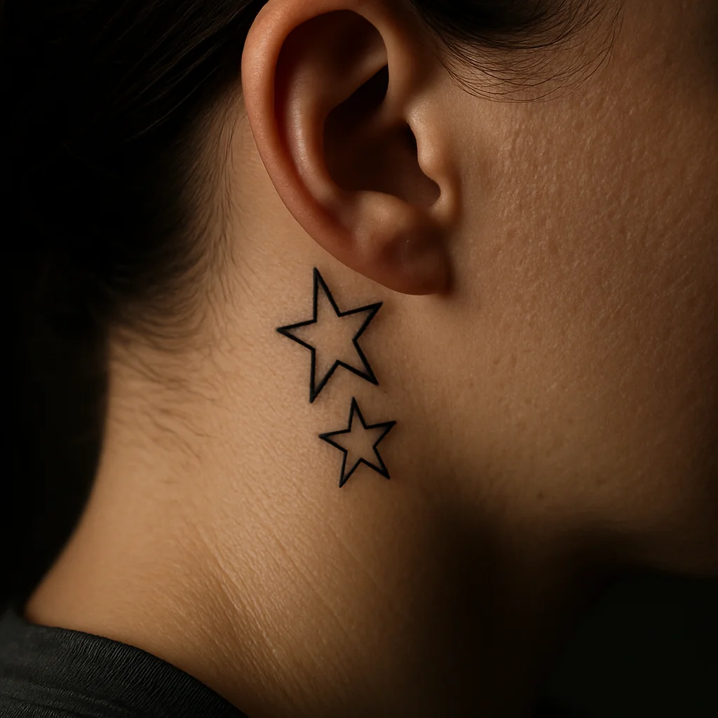 Cluster of three graduated stars tattooed in the hollow behind a woman's ear