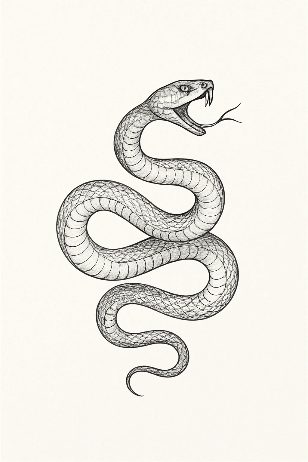 Coiled snake mid-strike tattoo design, black fine-line flash