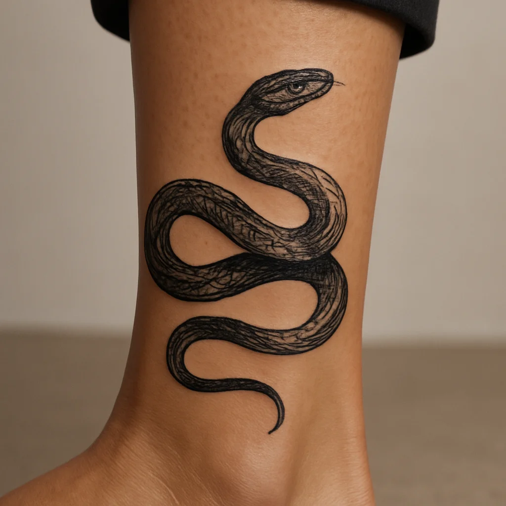 Coiled snake tattoo wrapping a man's calf with the head resting above the ankle bone