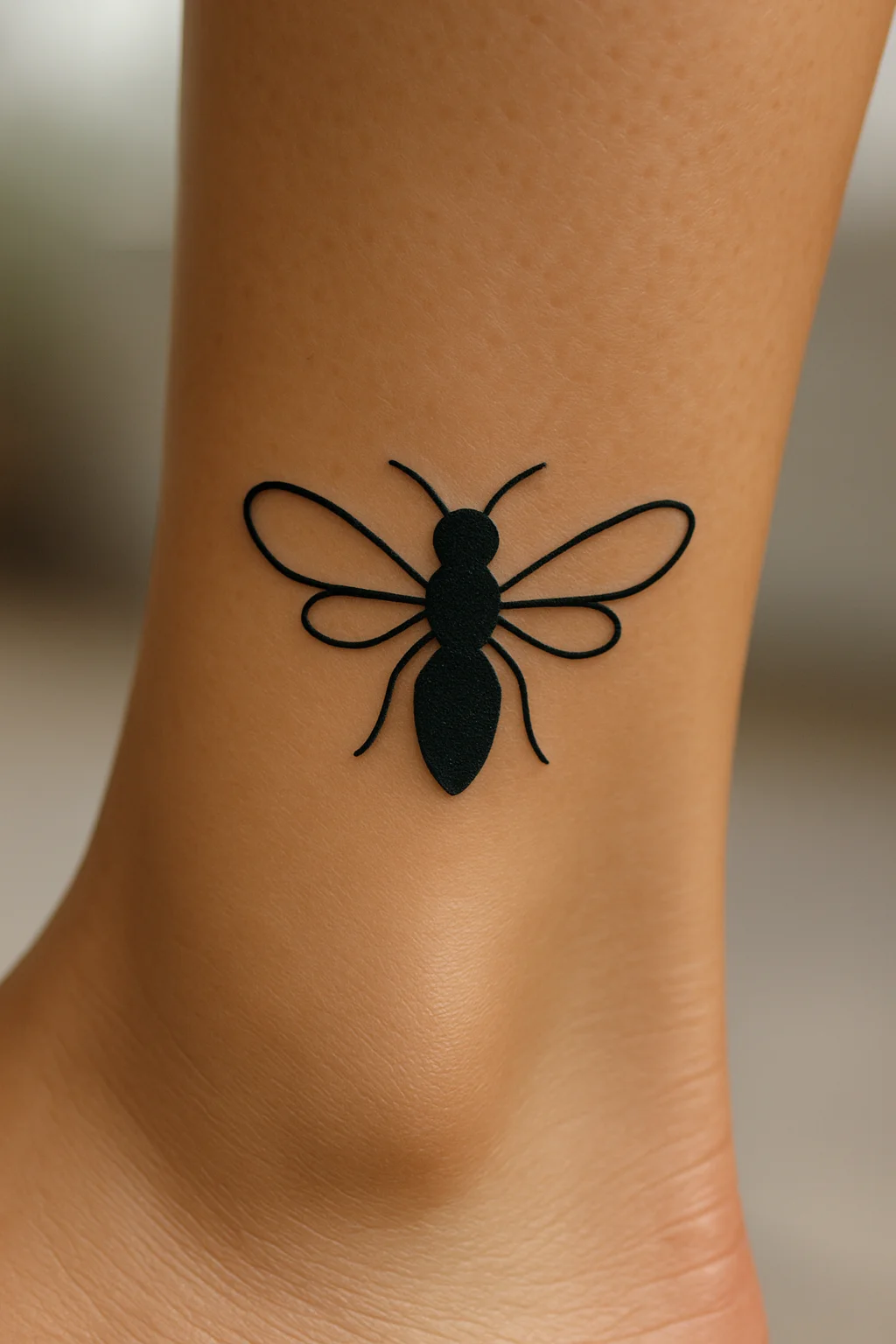 Coin-sized bee tattoo with solid black body and outlined wings, minimalist style, on the ankle