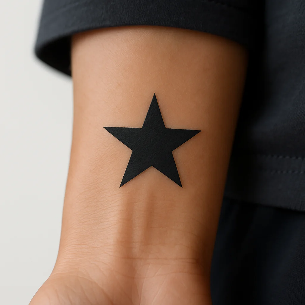 Coin-sized solid black star tattoo in minimalist style on an inner wrist, the cheapest size tier for laser removal