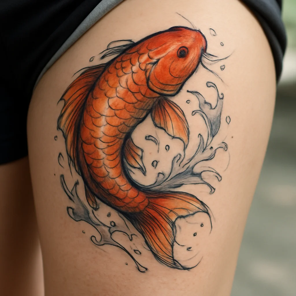 Colour koi tattoo curving inward on the inner thigh with water spray detail