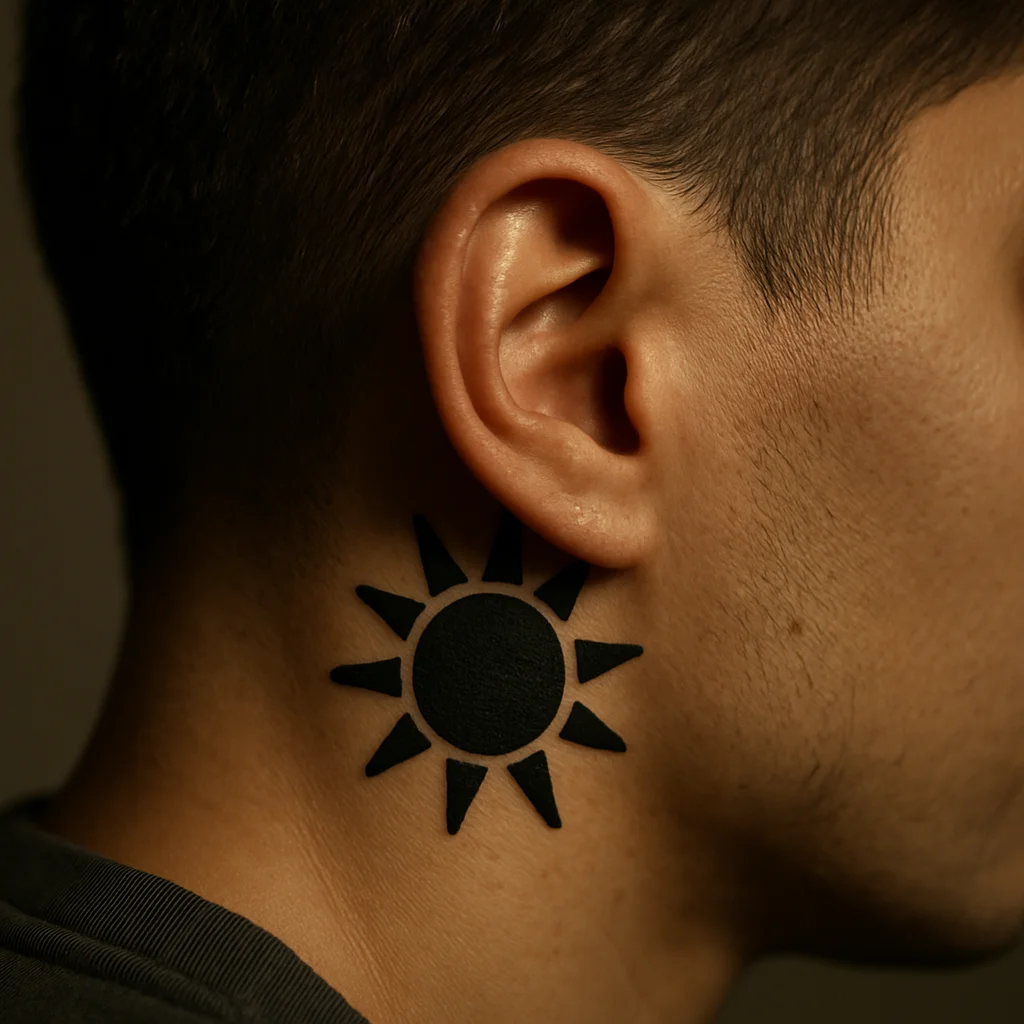 Compact blackwork sun tattoo with short rays behind the ear