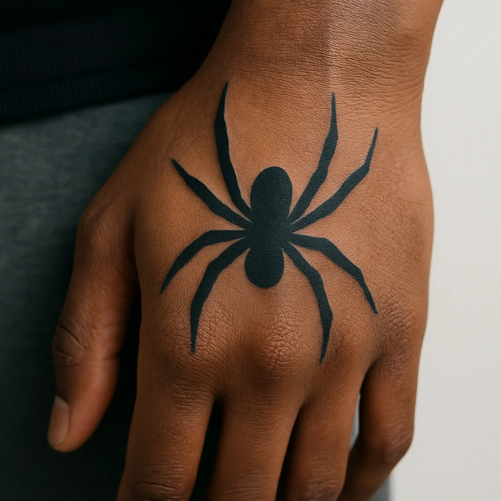 Compact spider with thick legs tattooed on the thumb web in bold blackwork