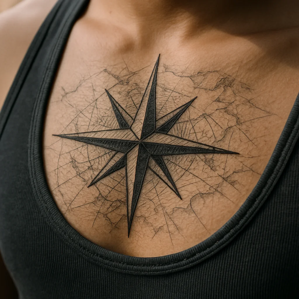 Compass rose chest tattoo over hatched map lines in illustrative style