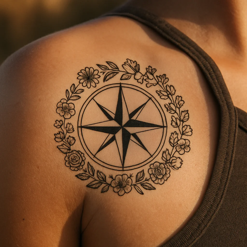Compass rose ringed with birth-month flowers and birthdates, geometric shoulder tattoo