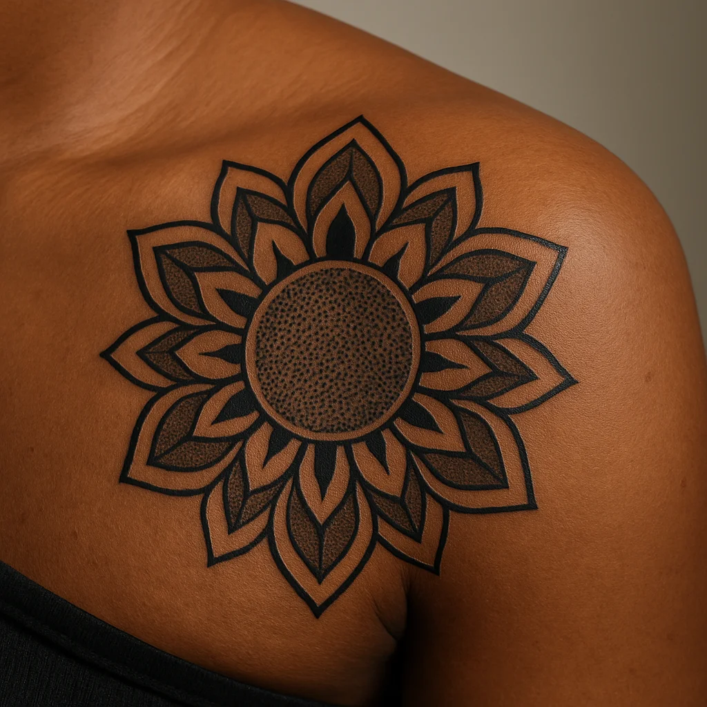 Concentric mandala rosette with dot-work centre tattooed on the shoulder cap