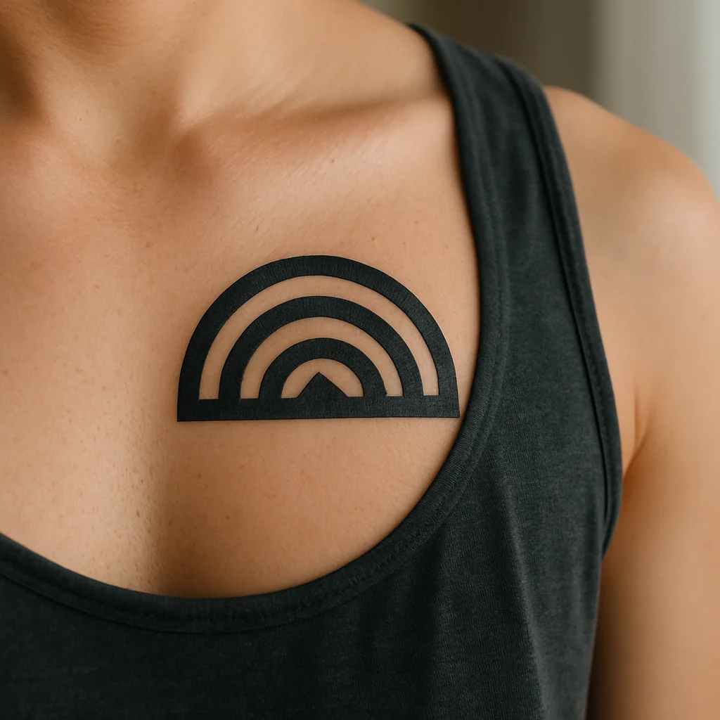 Concentric sunrise arcs tattooed in geometric style across the chest below the collarbone