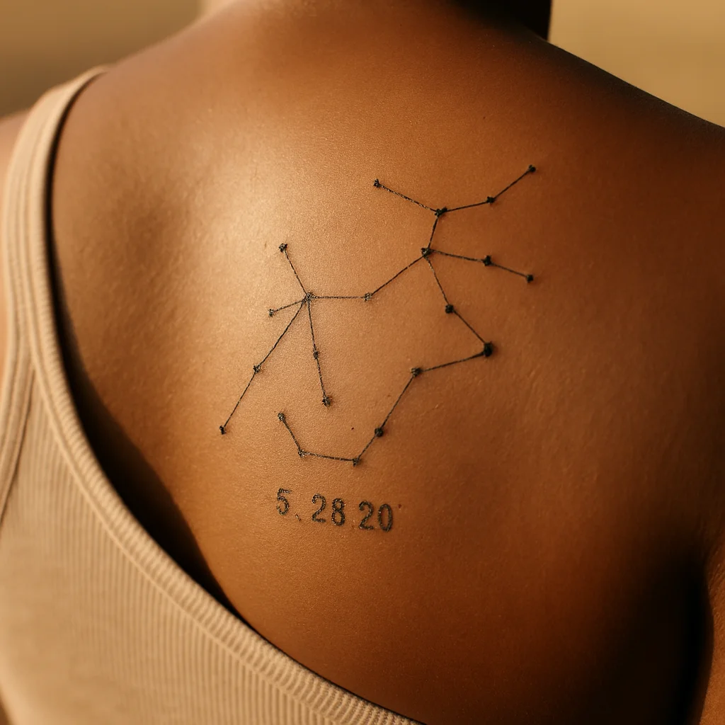 Constellation star chart of a birth night with the date beneath, fine-line shoulder blade tattoo