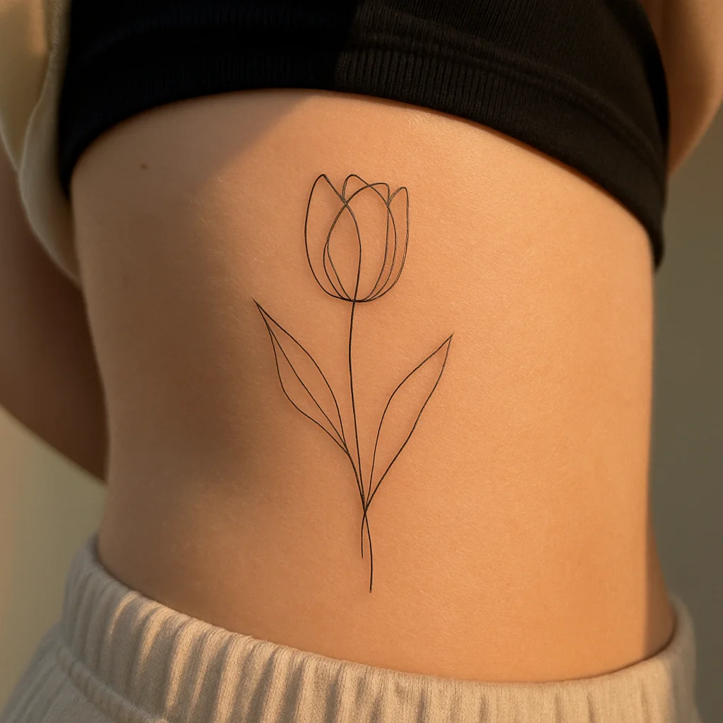 Continuous-line tulip with two leaves tattooed in fine line on the ribcage