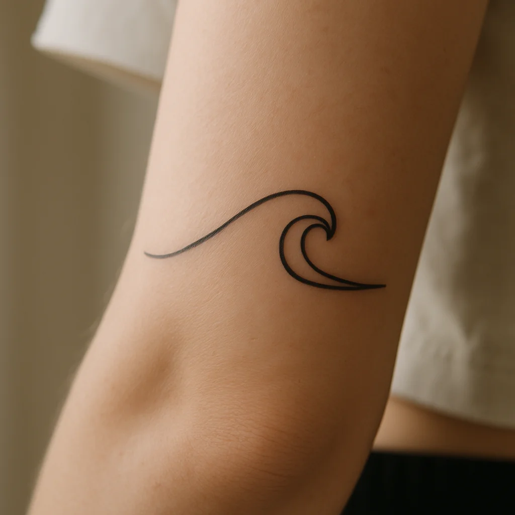 Continuous-line wave tattoo in minimalist style across the outer forearm