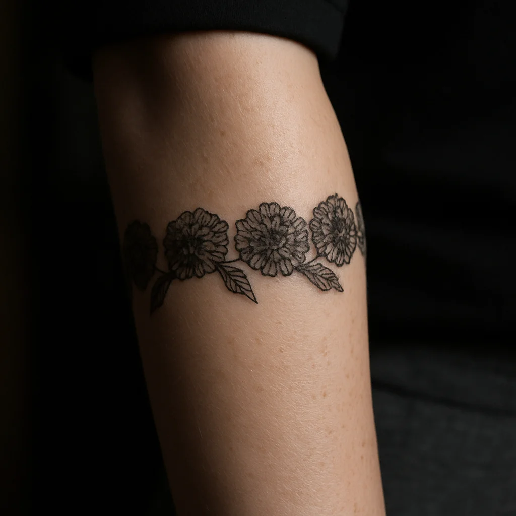 Continuous marigold garland band wrapping the outer forearm below the elbow