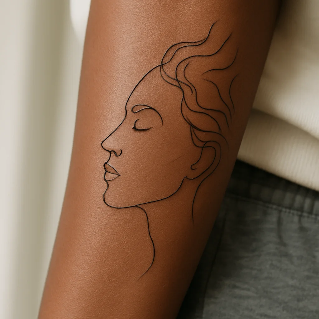 Continuous single-line face in profile tattooed in fine-line style on the inner forearm