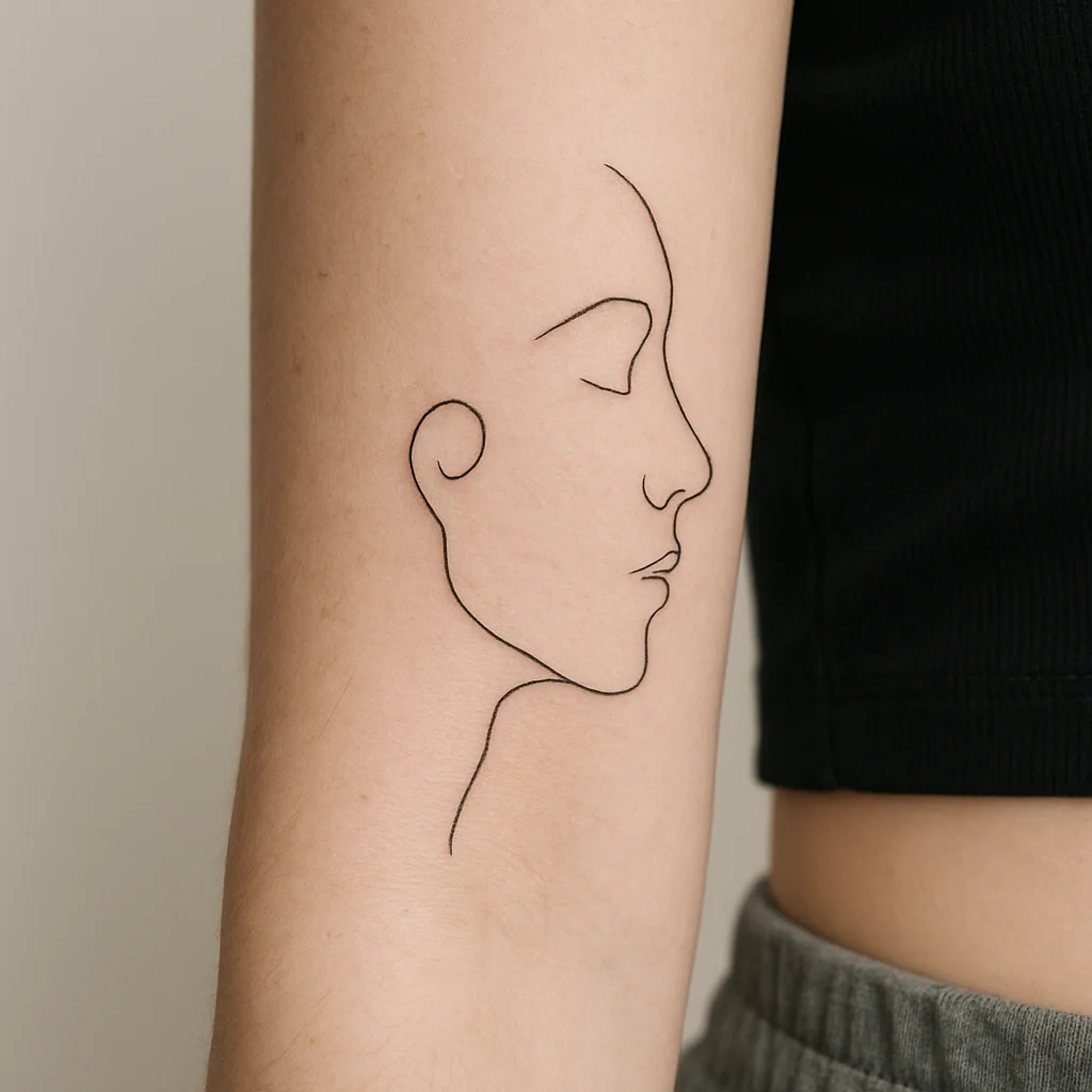 Continuous single-line face profile with a hair curl tattooed in fine line on the inner forearm