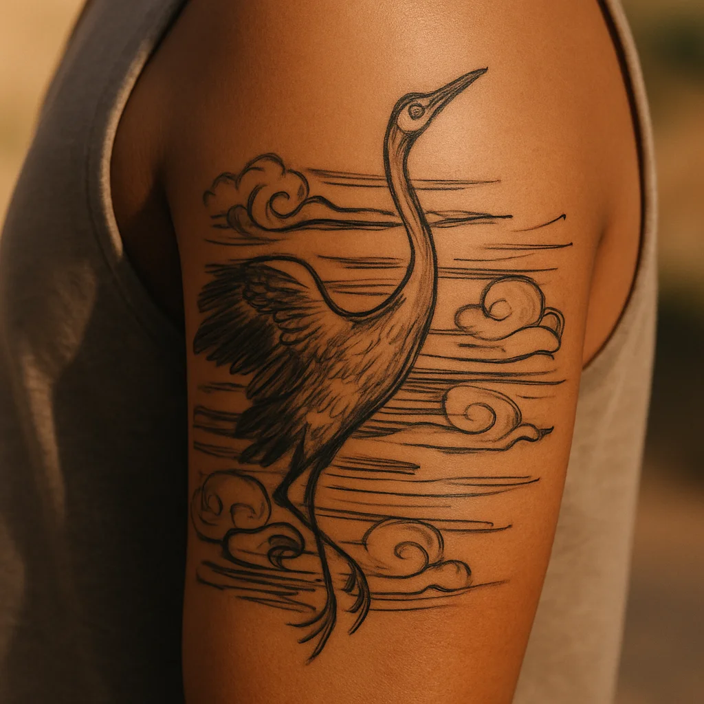 Crane rising through stylised wind bars and clouds wrapping the upper arm in illustrative style