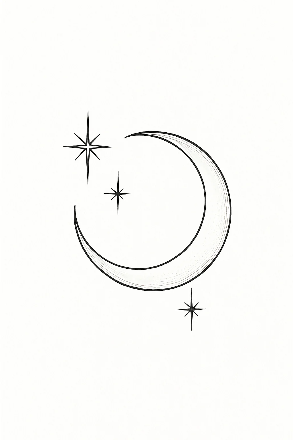 Crescent moon with three stars tattoo design, black fine-line flash