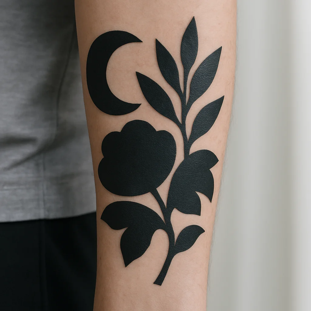 Crisply healed blackwork tattoo on a man's inner forearm showing well-aged line weight