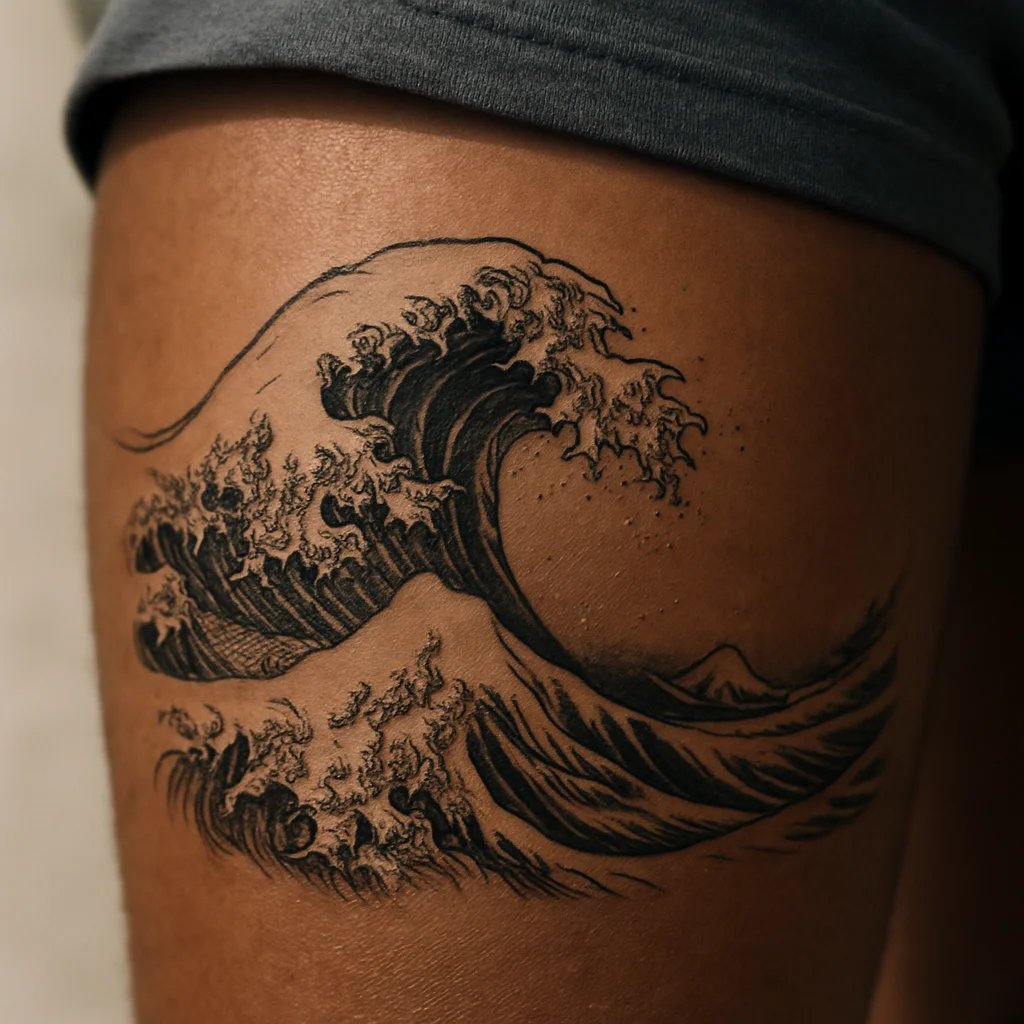Curling wave tattoo band wrapping the lower inner thigh with spray dots