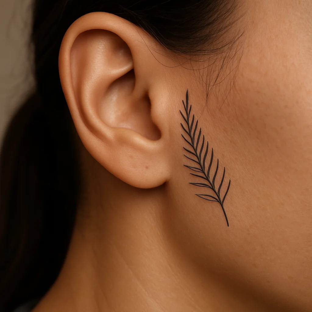 Curved fine-line fern frond tattoo hugging the outer edge of the ear