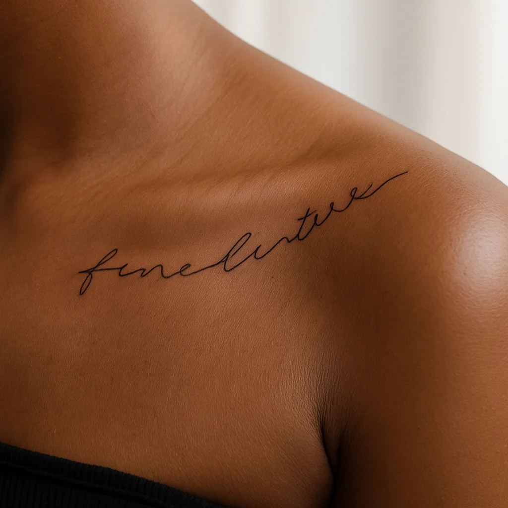 Curved fine-line script tattoo following the shoulder curve on a woman