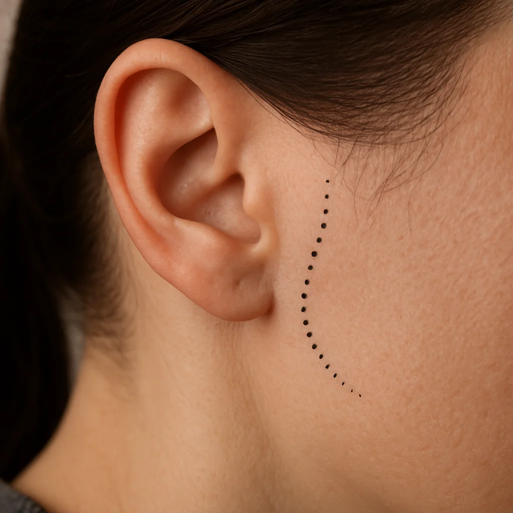 Curved trail of fading dots tattooed from behind the ear into the hairline