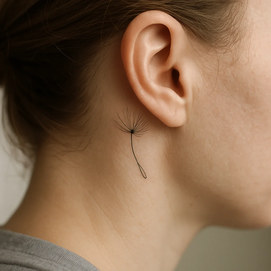 Dandelion seed in flight with curved stalk, fine-line micro tattoo behind the ear