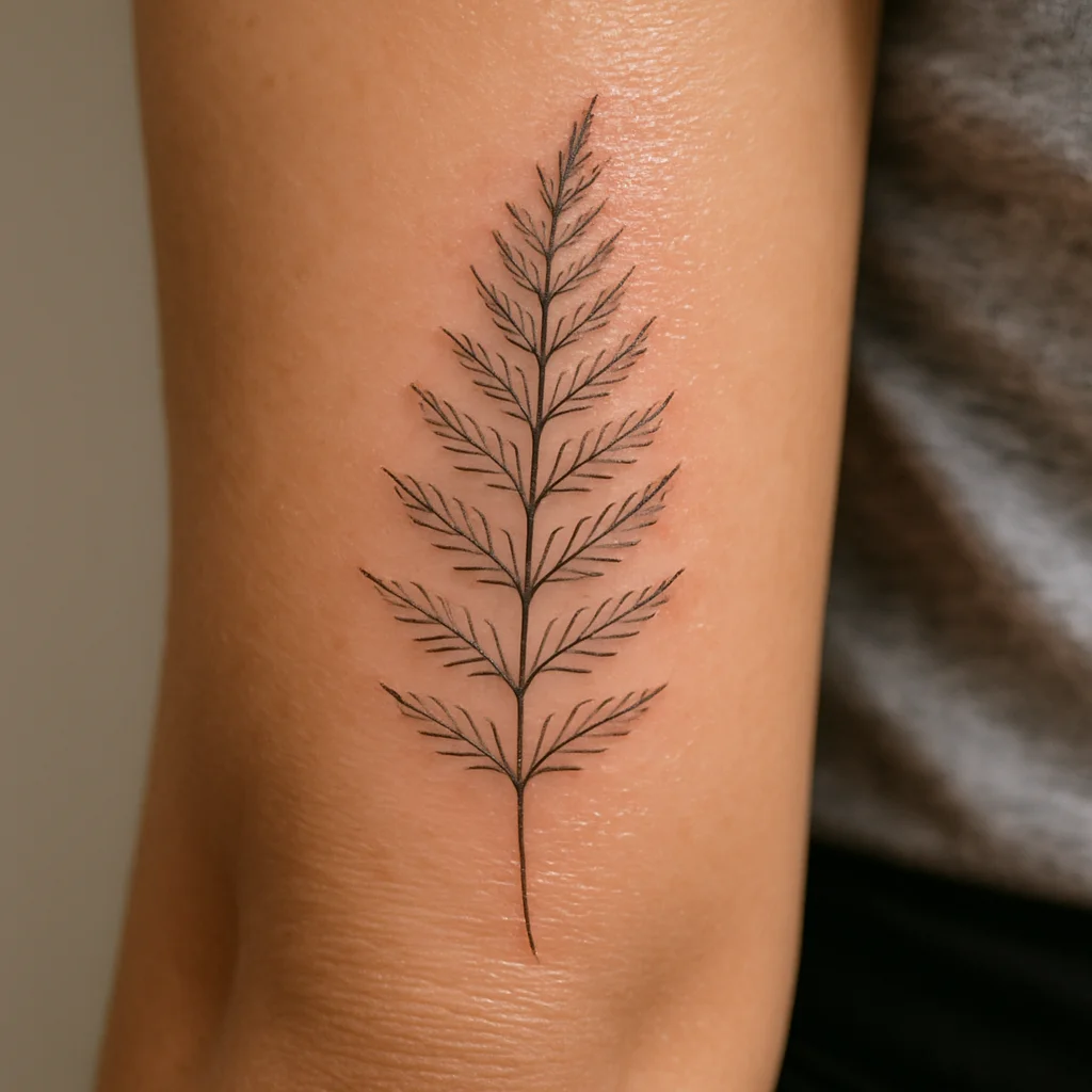 Day one fine-line fern tattoo with plasma sheen and pink halo on the inner forearm