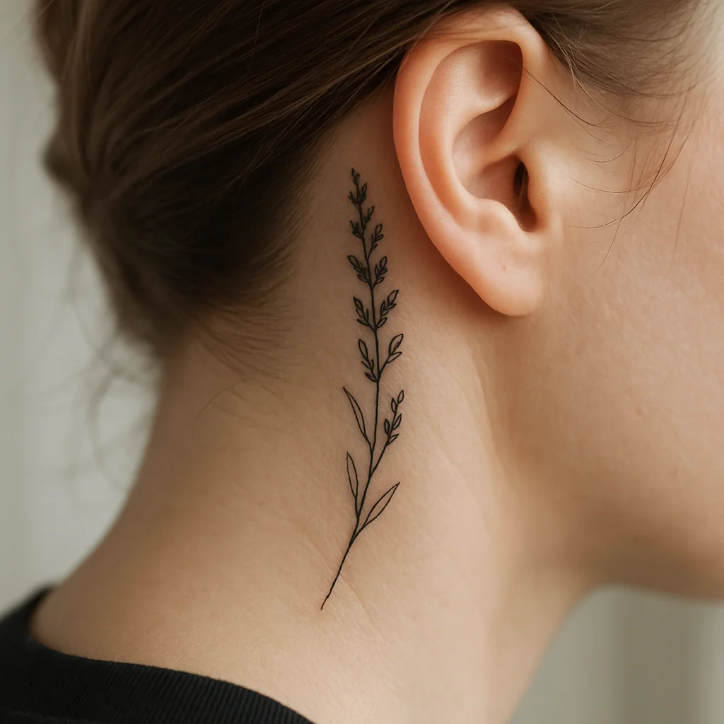 Delicate fine-line lavender sprig tattoo trailing behind the ear into the hairline