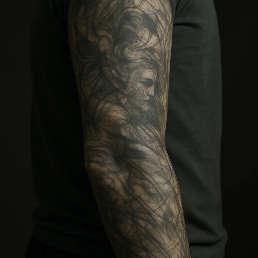 Dense black and grey half sleeve tattoo on a full arm, lightened by laser sessions to prepare for a cover-up