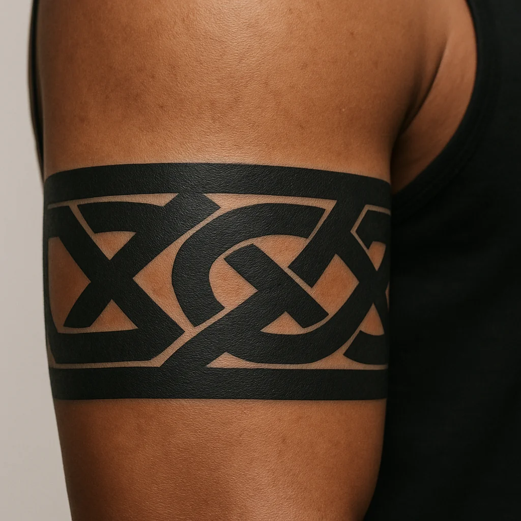 Dense black tribal band with thick interlocking shapes on an upper arm, the kind of ink that needs many removal sessions