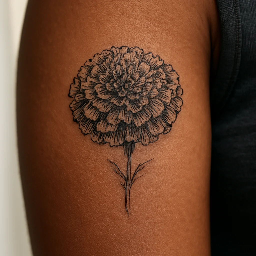 Dense cempasuchil marigold pompom with layered petals tattooed in illustrative style on the upper arm