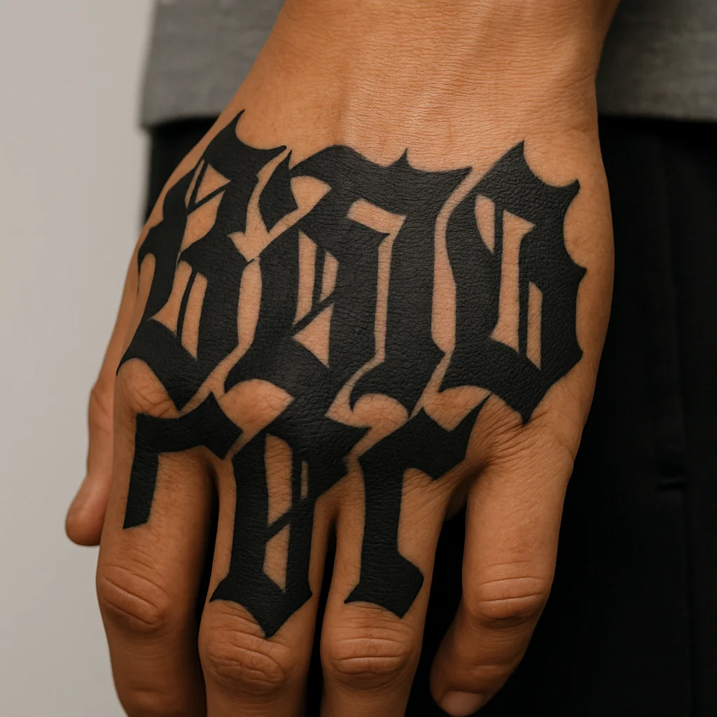 Dense gothic blackletter lettering across the back of the hand, a slow-clearing spot for tattoo removal
