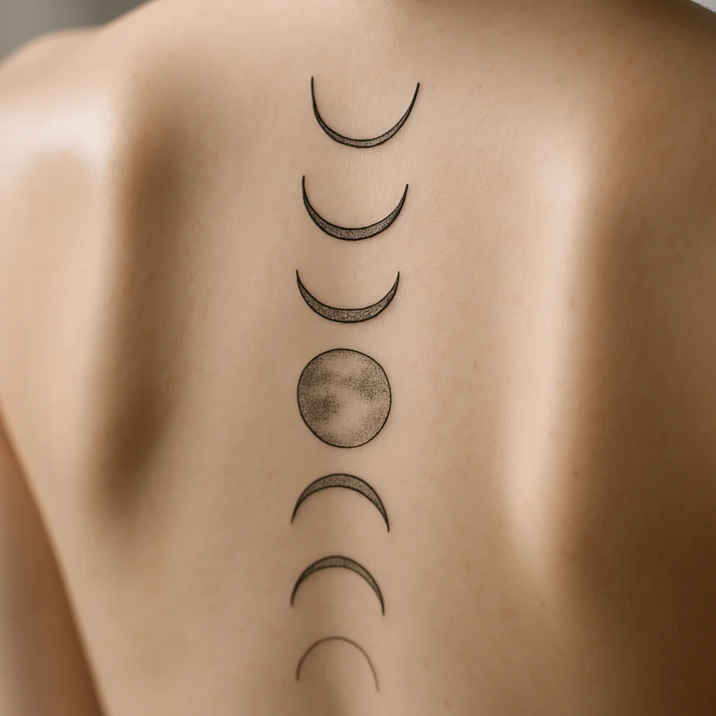 Descending moon phases with stippled full moon, fine-line tattoo down the spine