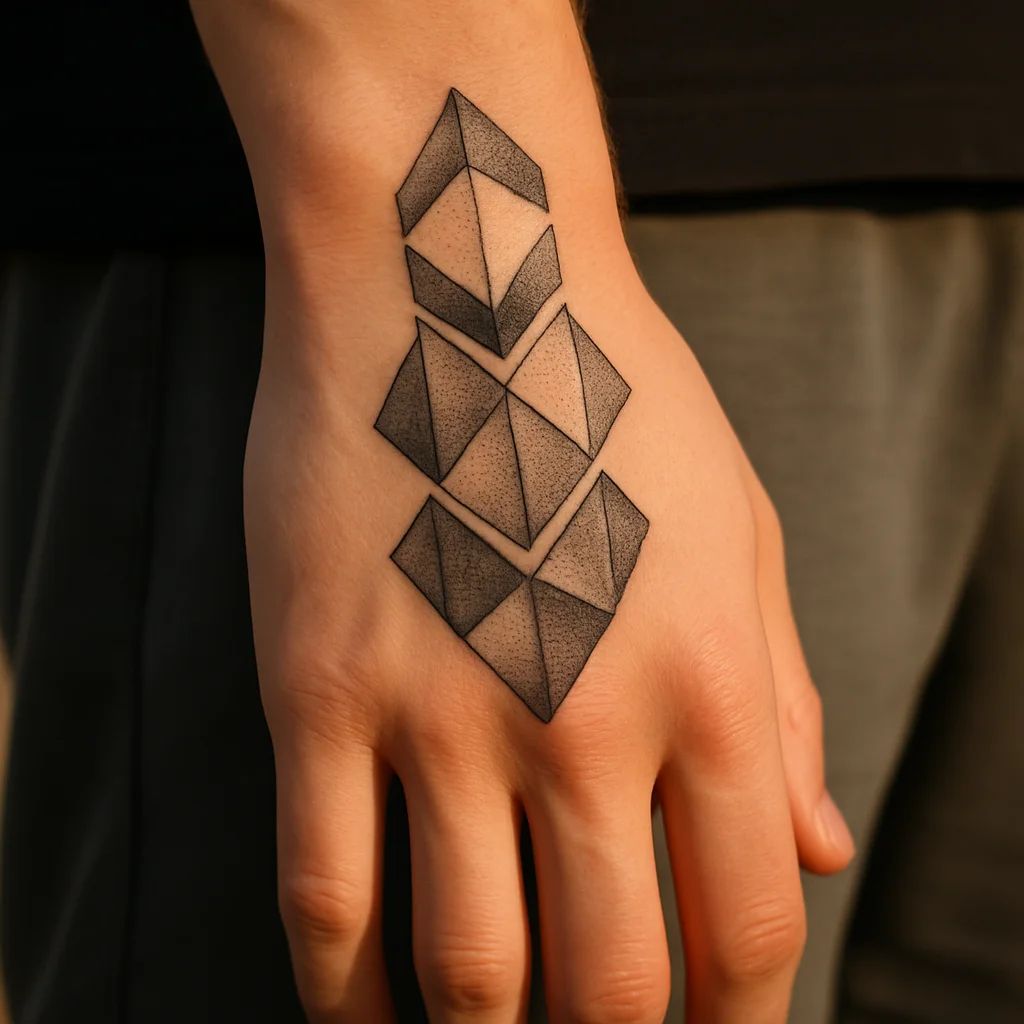 Dot-shaded geometric panels crossing the wrist and tapering onto the back of the hand